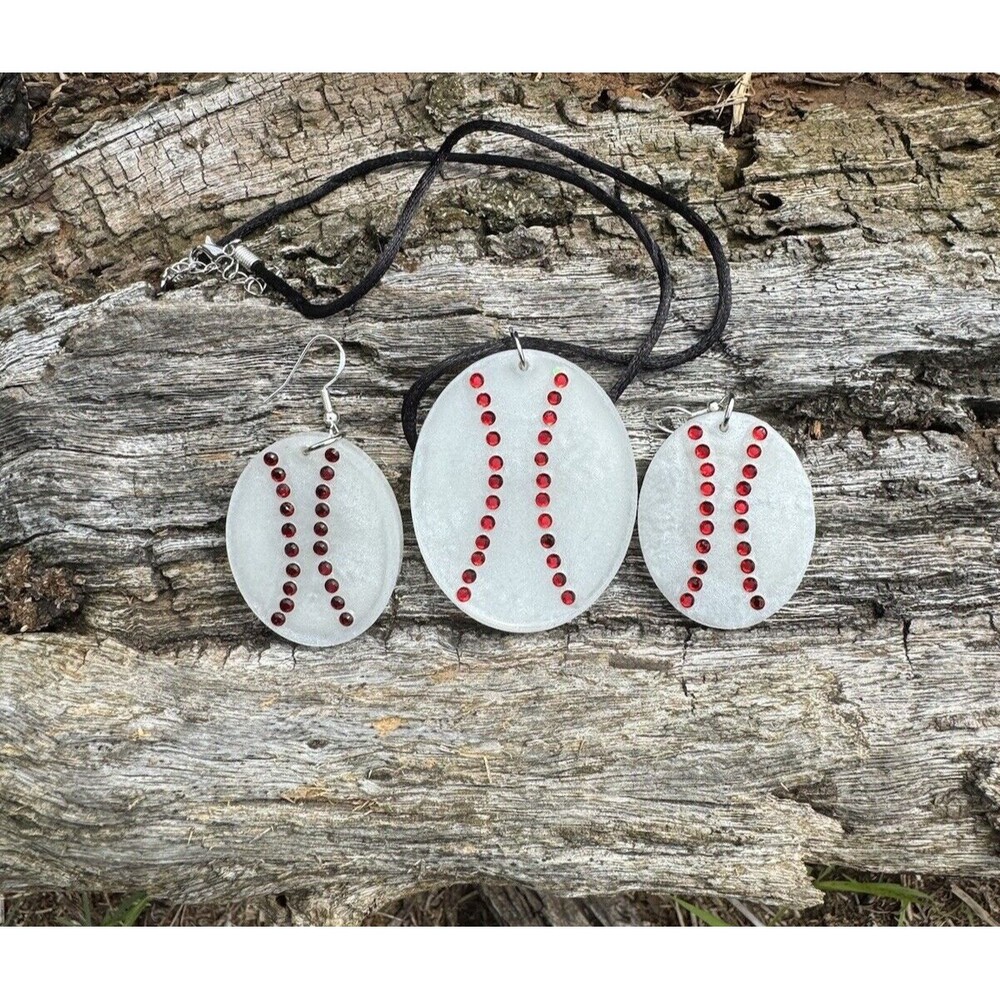 Cute Baseball Epoxy And Rhinestone Necklace Matching Earrings Oval Jewelry Set